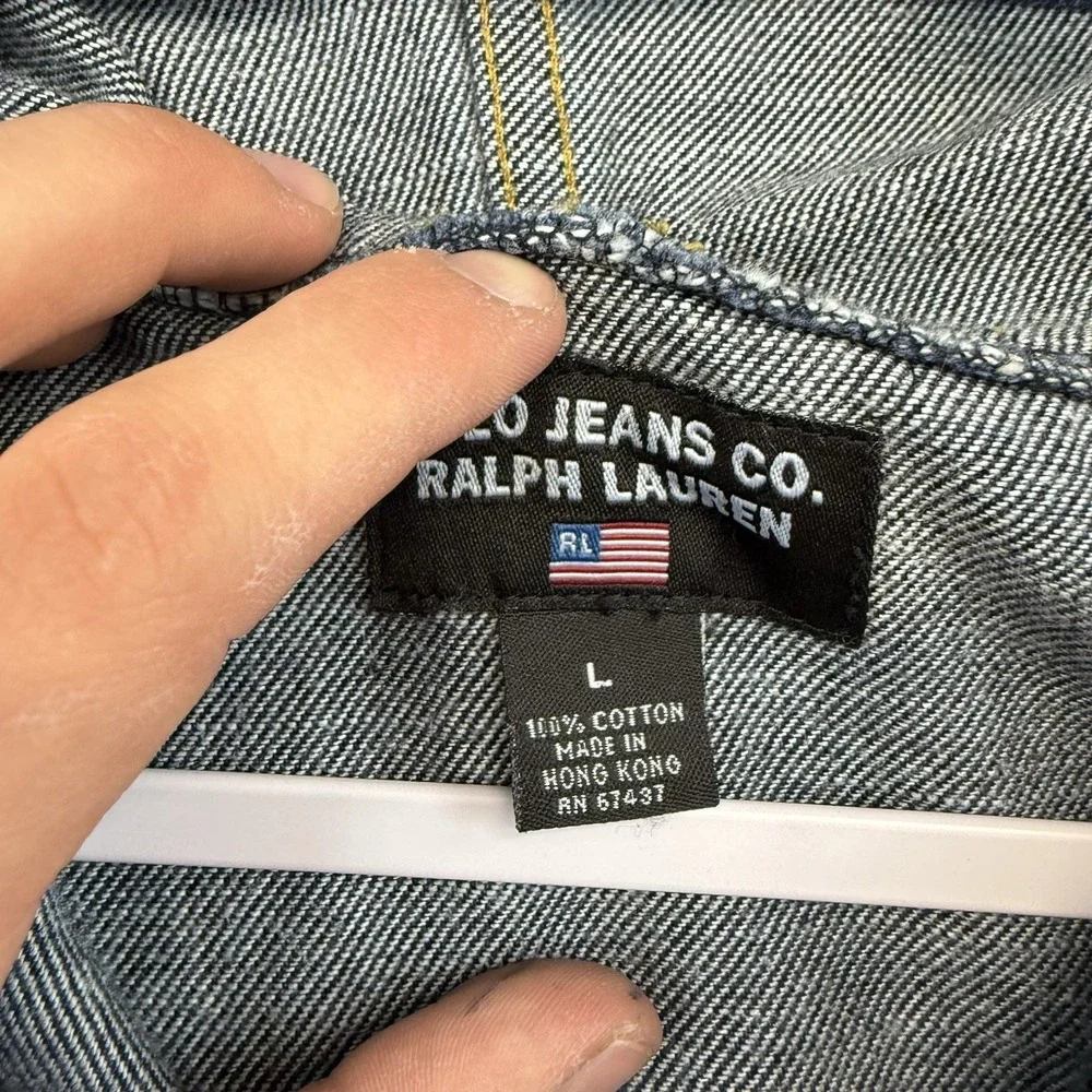 POLO JEANS RALPH LAUREN 90s Denim Duster Trench Chore‎ Coat L Indigo Blue Hooded